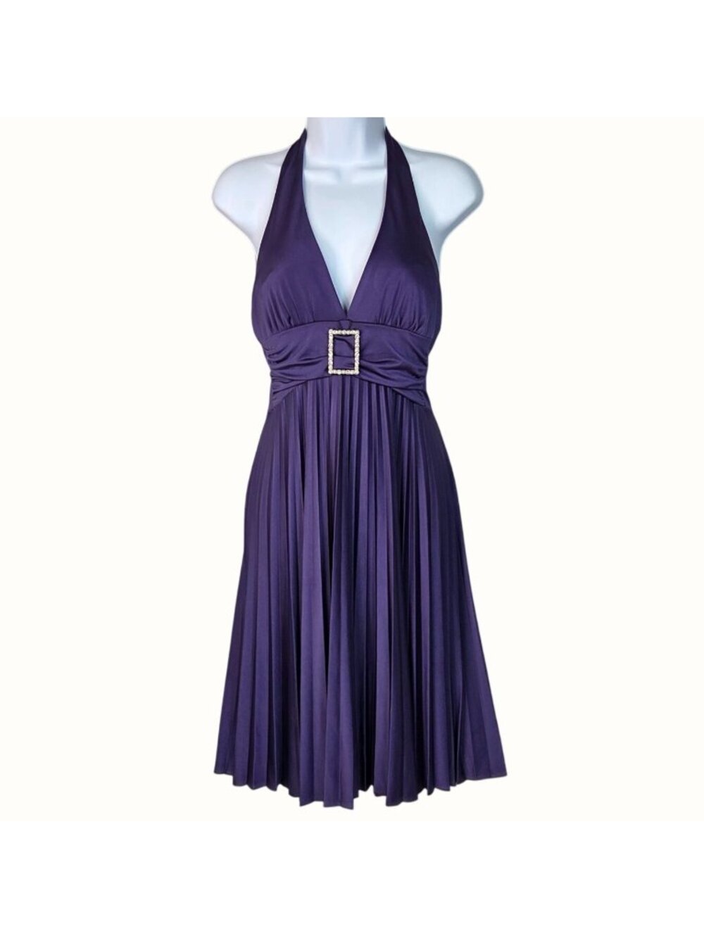 Vintage Speechless Purple Halter Neck Flowy Pleated Dress W Rhinestone Buckle Y2